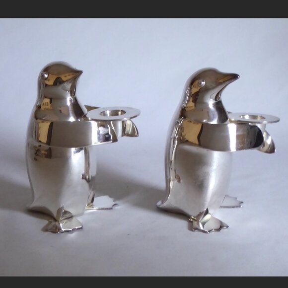 NEW VINTAGE 6” RESTORATION HARDWARE SILVER PLATE PENGUIN CANDLE HOLDER SET - Picture 4 of 11